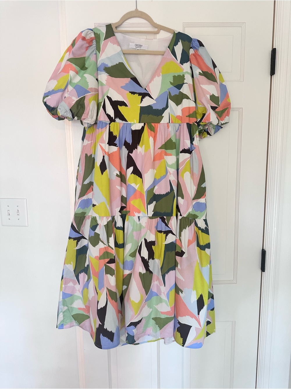 CROSBY by Mollie Burch Pastel Abstract Puff-Sleeve Tiered Midi Dress